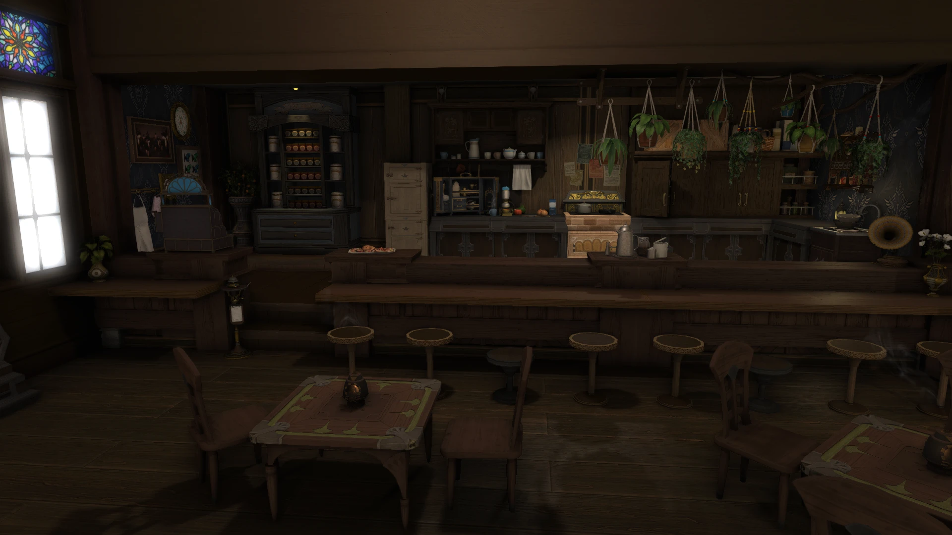 A small cafe with a fireplace and a wooden bar counter.