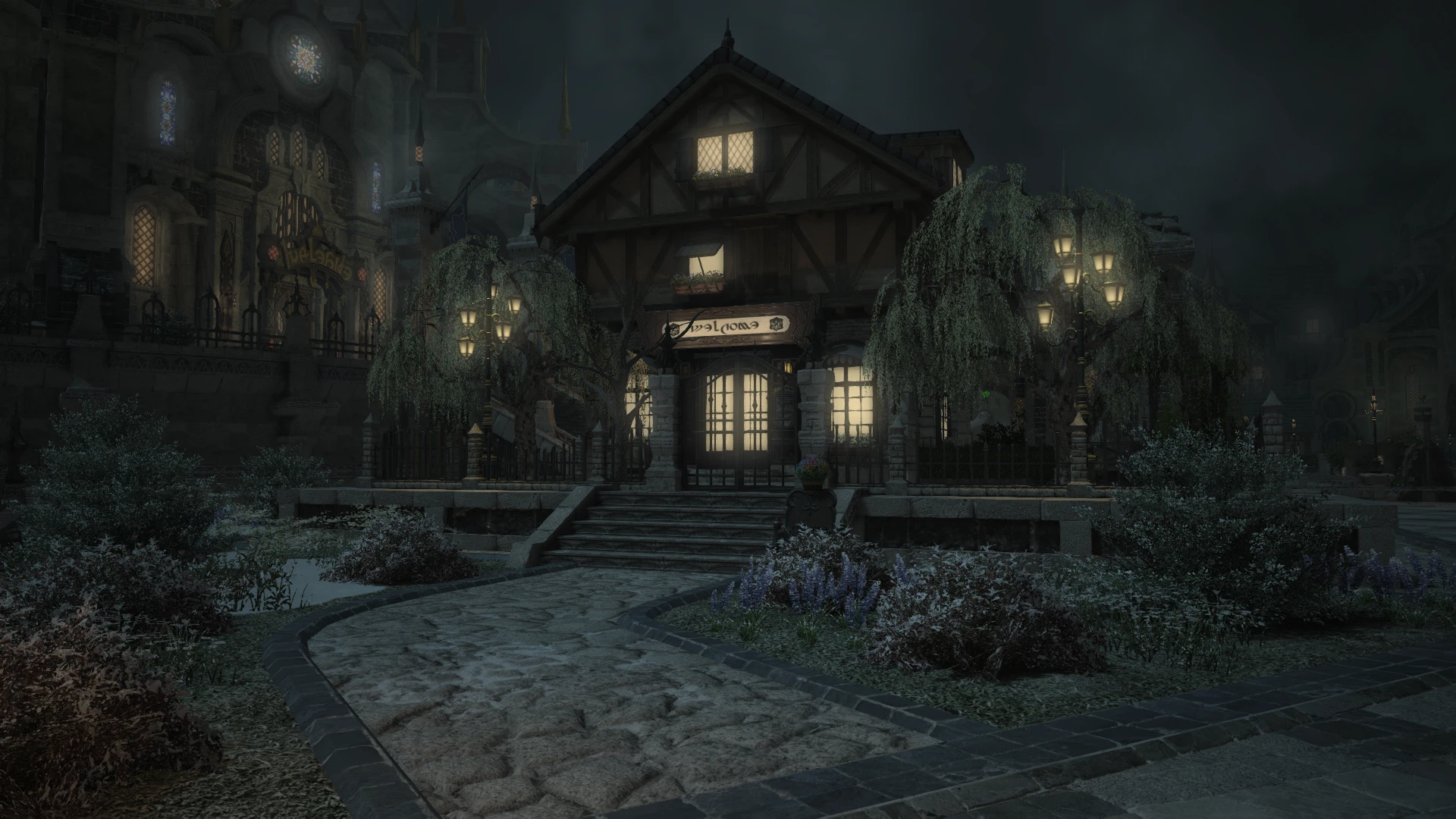 A tudor style house surrounded by willow trees on the street of Ishgard.